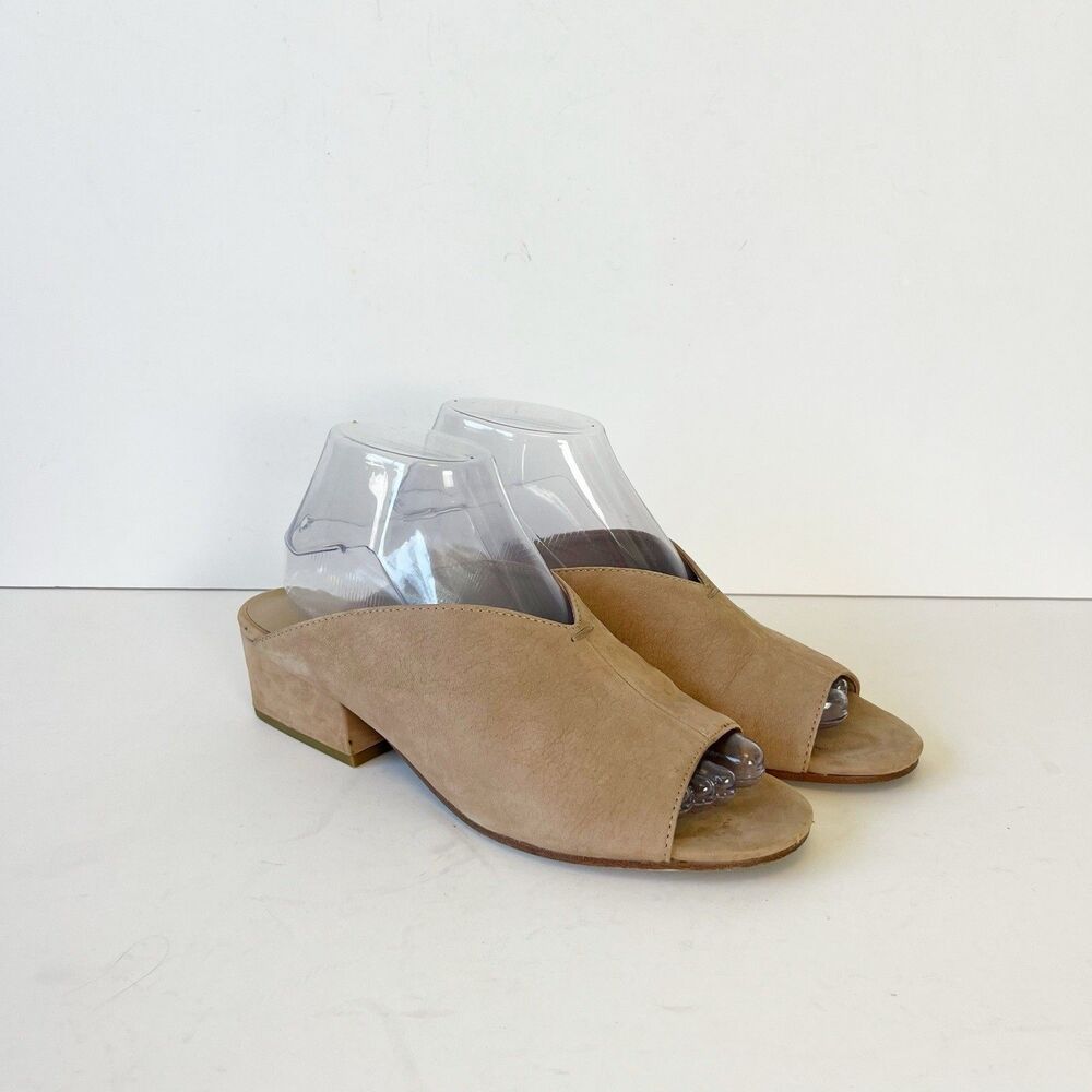 Eileen Fisher Katniss Leather  Peep Toe Slide Sandals Mule Block Heel Tan Size 9